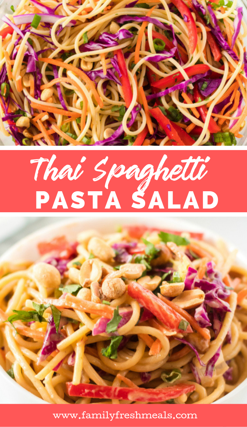 Thai Spaghetti Pasta Salad Recipe from Family Fresh Meals #pastasalad #thai #thaisalad #thaipastasalad #summerpastasalad #summersalad #salad #spaghetti #spagettipastasalad #peanutsauce #peanut via @familyfresh