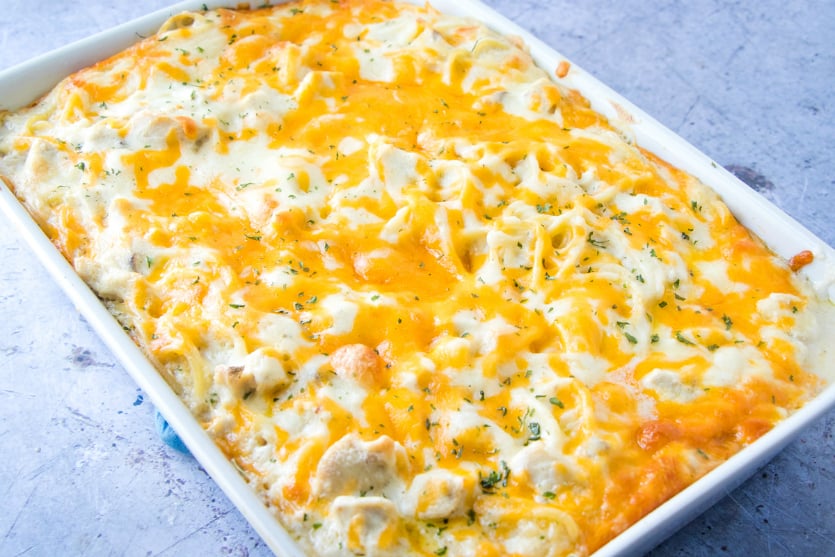 Easy Chicken Tetrazzini - baked tetrazzini in a baking dish