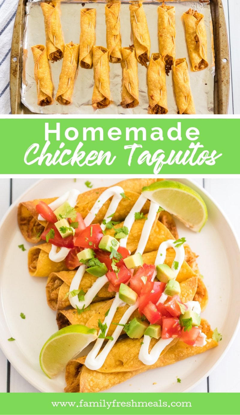 Easy Homemade Chicken Taquitos recipe. Baked, not fried! #familyfreshmeals #taquitos #homemade #chickentaquitos #mexican #chickenrecipe #kidapproved via @familyfresh