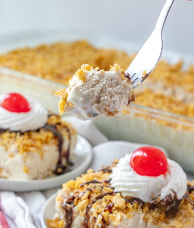 Fried Ice Cream Cake - a fork holding a piece of cake