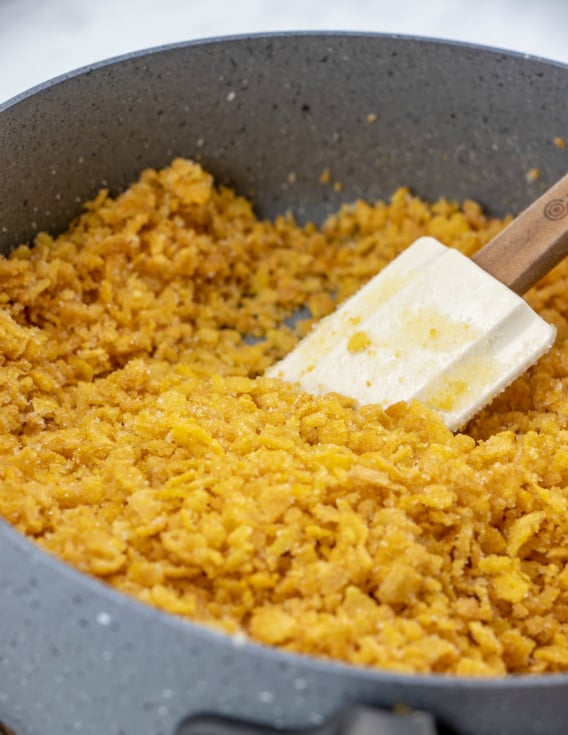 Fried Ice Cream Cake - sugar corn flake mixture in cooking pan