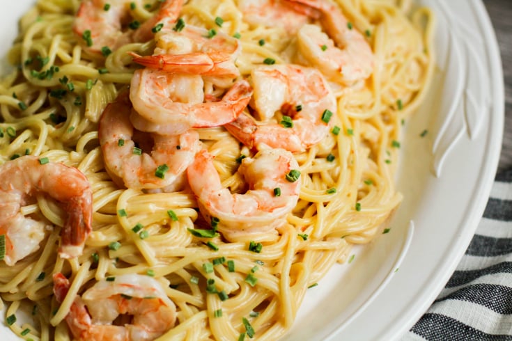 Instant Pot Bang Bang Shrimp Pasta - served on a white plate