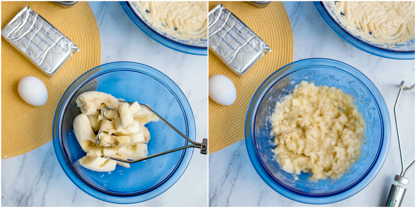 Cream Cheese Banana Bread - Bananas mashed in mixing bowl