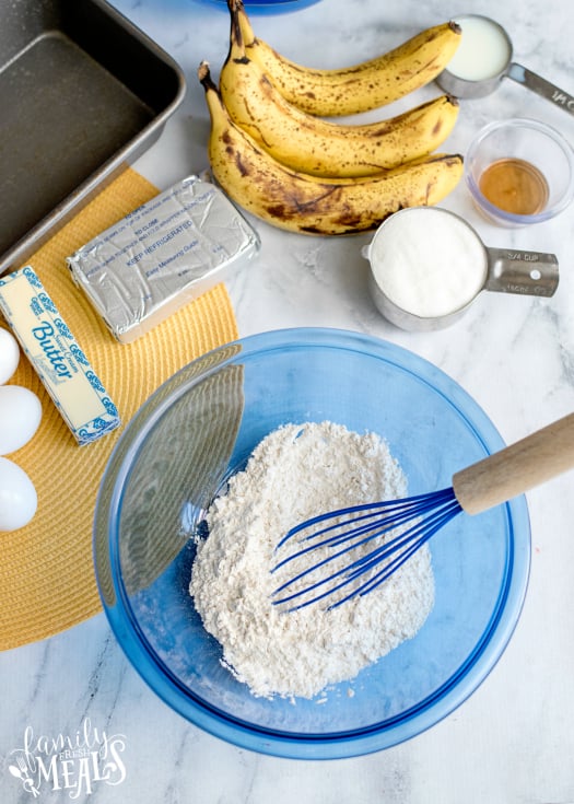 Cream Cheese Banana Bread - Dry ingredients mixed in bowl