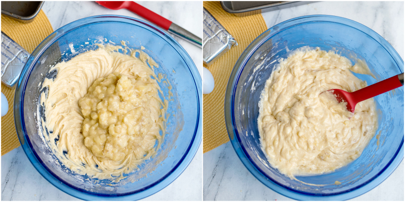 Cream Cheese Banana Bread - banana mixture mixed in with bread batter