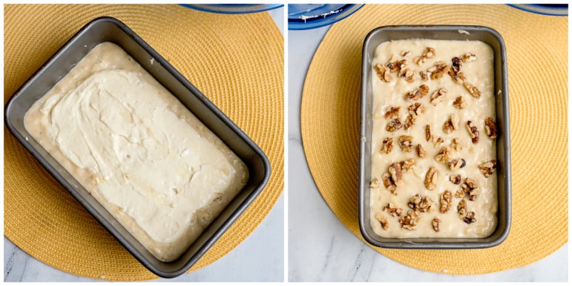 Cream Cheese Banana Bread - bread batter topped with nuts