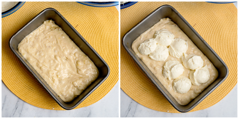 Cream Cheese Banana Bread - cream cheese mixture on top of batter