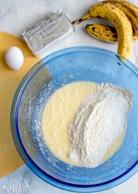 Cream Cheese Banana Bread - dry ingredients mixed in with wet ingredients