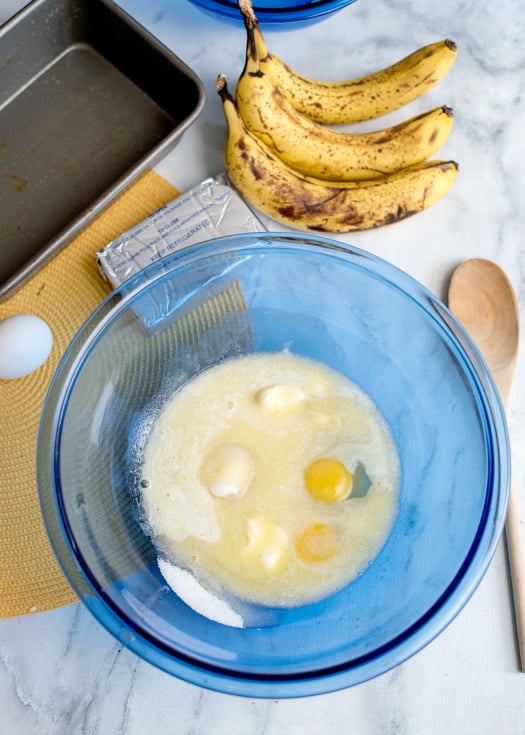 Cream Cheese Banana Bread - mixing wet ingredients together in mixing bowl