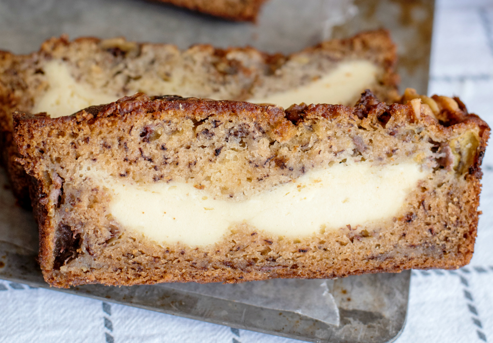 Cream Cheese Banana Bread - two slices of banana bread