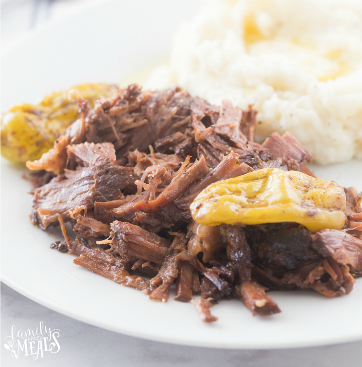 Crockpot Mississippi Pot Roast Recipe - on a white plate Family Fresh Meals