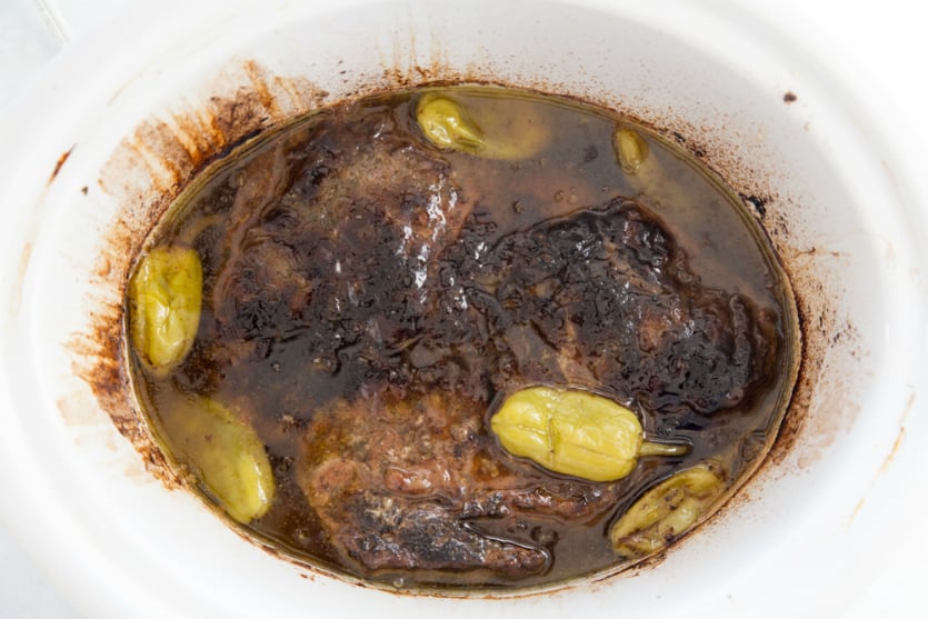 Crockpot Mississippi Pot Roast - cooked pot roast in slow cooker