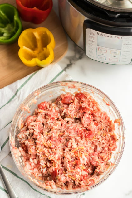 Instant Pot Stuffed Peppers - Beef mixture in a glass bowl