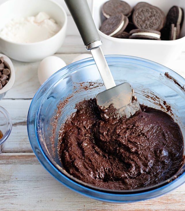 Oreo Stuffed Brownies - Brownie mixture in a glass bowl