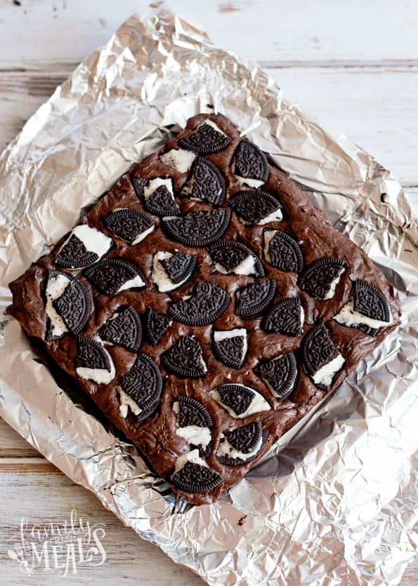 Oreo Stuffed Brownies - Cooked brownies on aluminum foil