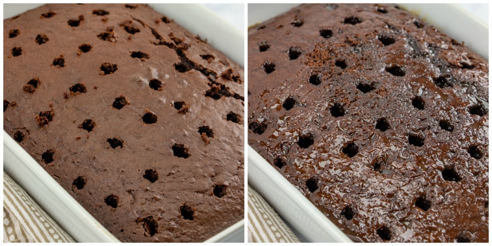 Chocolate Turtle Poke Cake - cake cooked with holes poked in it.