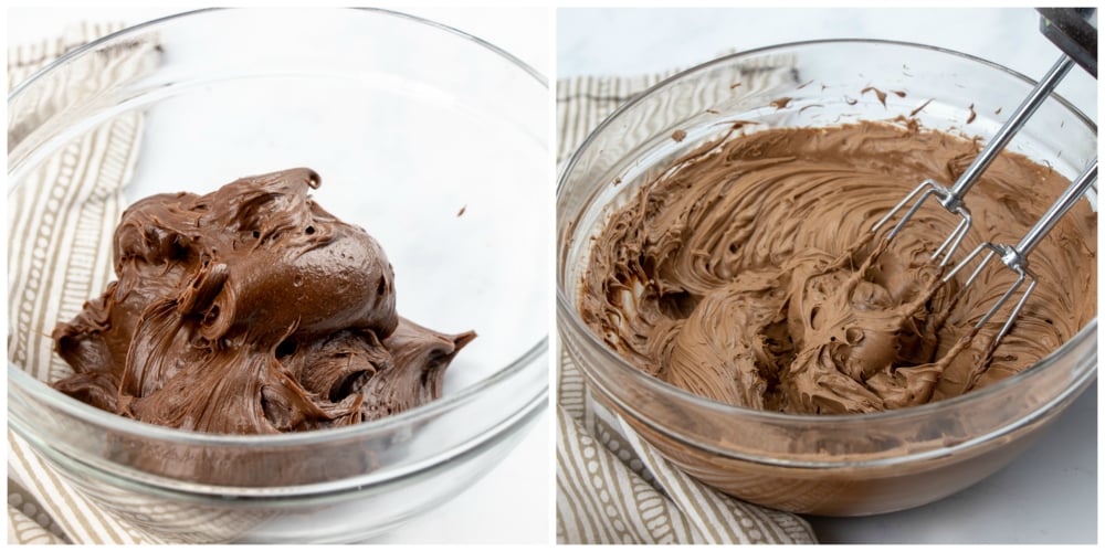 Chocolate Turtle Poke Cake - whipping canned frosting with hand mixer