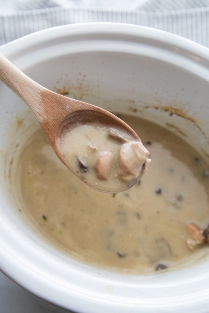 Crockpot Chicken Marsala - mushroom sauce in crockpot 
