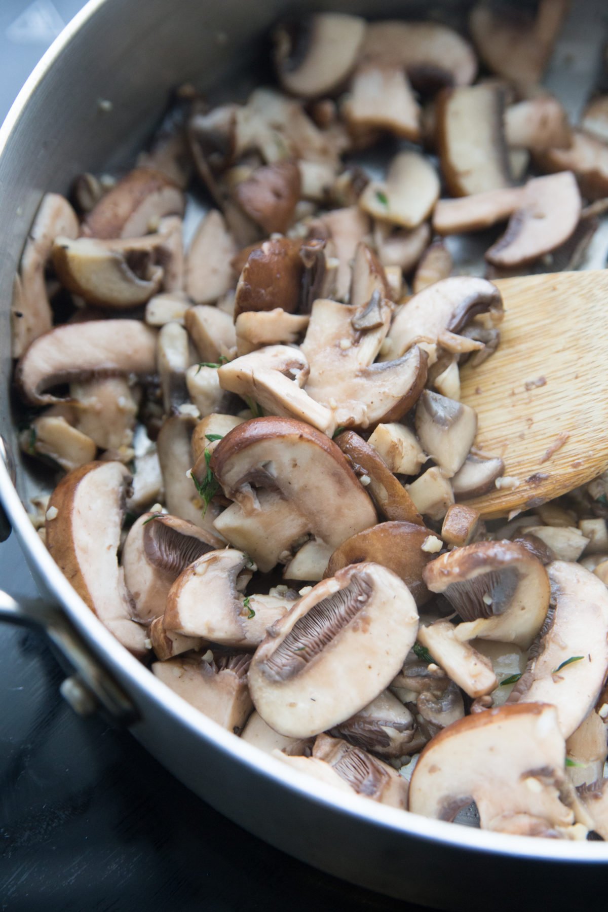 Crockpot Chicken Marsala - mushrooms cooking in pan