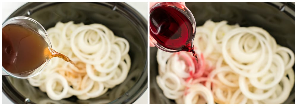 Crockpot French Onion Chicken - adding broth and wine in slow cooker