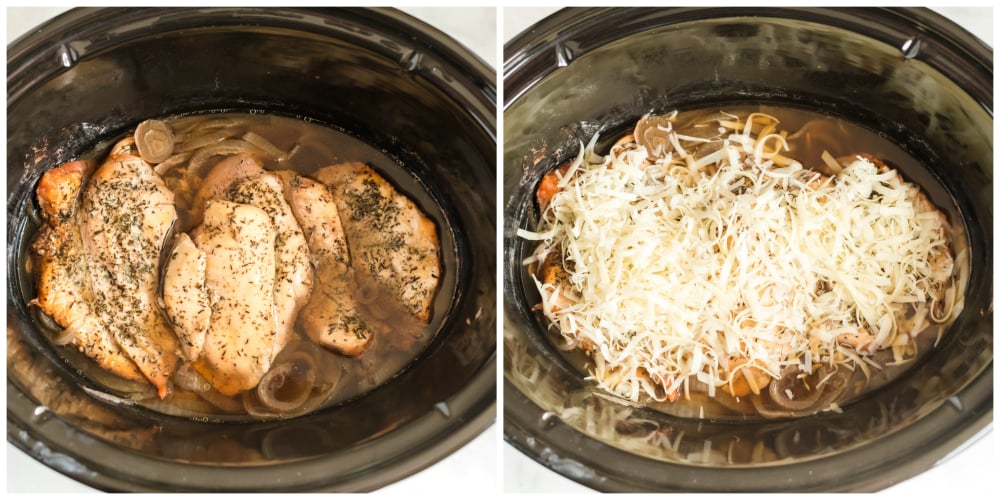 Crockpot French Onion Chicken - cooked chicken in slow cooker topped with shredded cheese