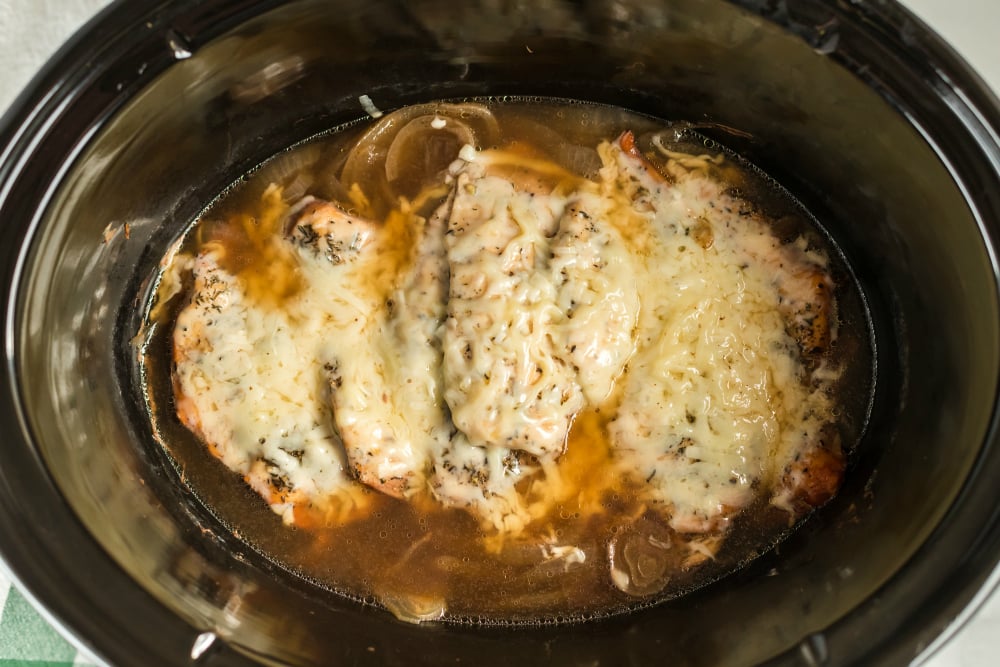 Crockpot French Onion Chicken - melted cheese on top of chicken