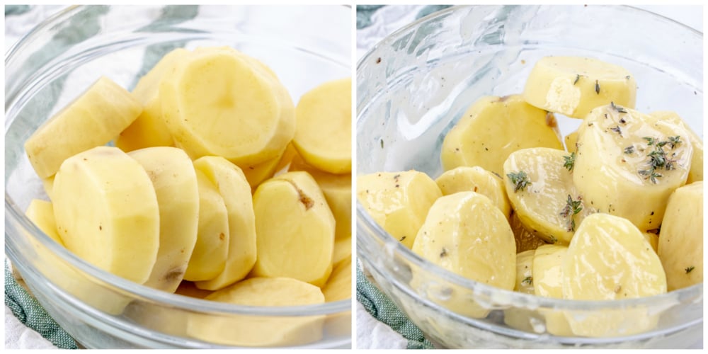 Melting Potatoes Recipe - sliced potatoes in a bowl, with butter and herbs mixed in