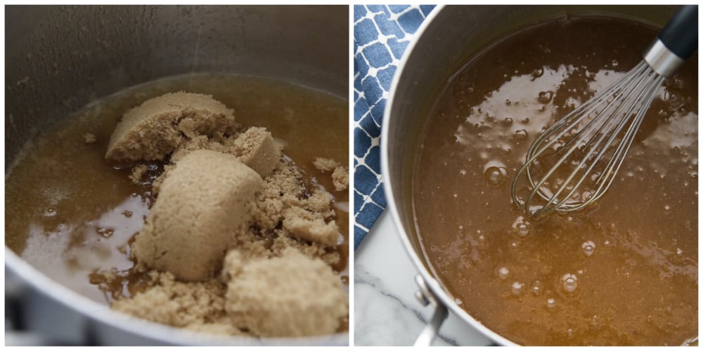 Soft Brown Sugar Cookies Recipe - stirring in brown sugar to pot