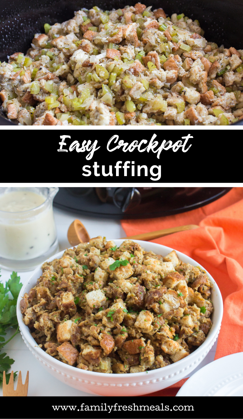 Easy Crockpot Stuffing Recipe #stuffing #crockpot #slowcooker #thanksgiving #holiday #sidedish #holidaysidedish #holidayrecipe #familyfreshmeals #homemeade #classicstuffing via @familyfresh