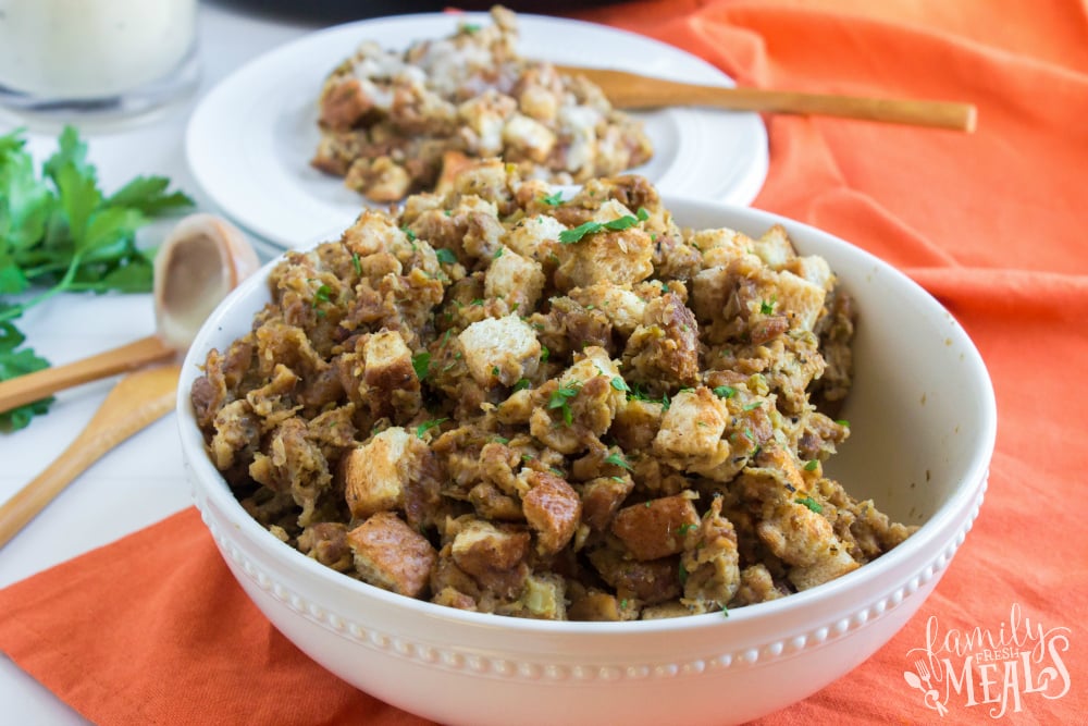 Easy Crockpot Stuffing - cooked stuffing in a white bowl