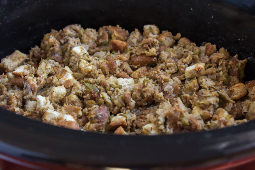 Easy Crockpot Stuffing - cooking in slow cooker