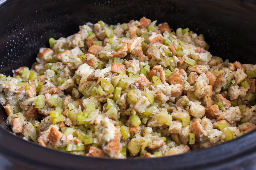 Easy Crockpot Stuffing - stuffing in slow cooker