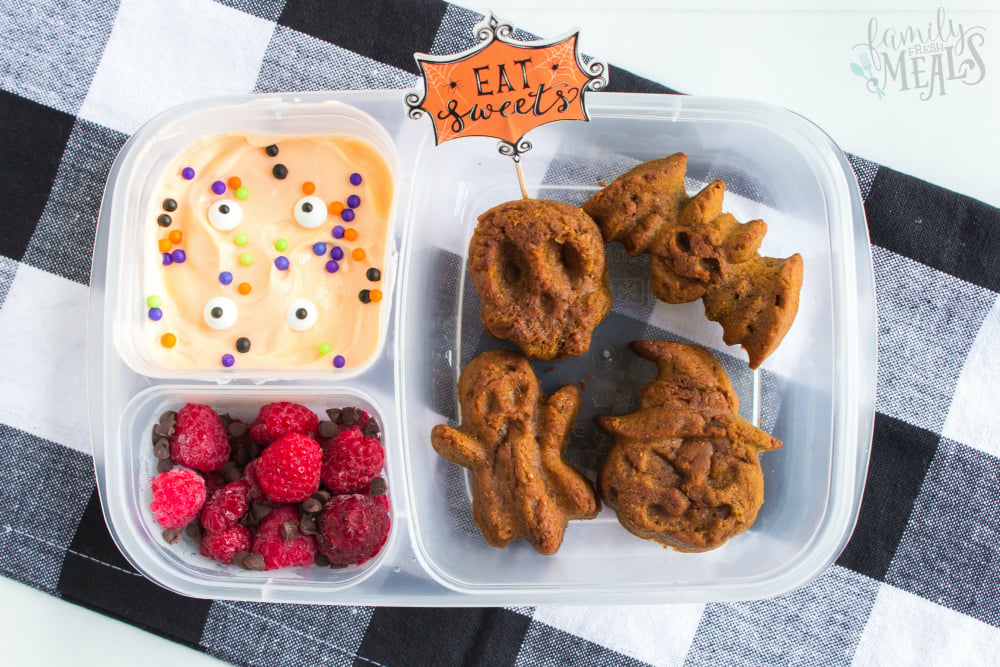 Fun Halloween Food Lunchbox Ideas - Pumpkin muffins, greek yougurt and raspberries packing in Easy Lunchboxes