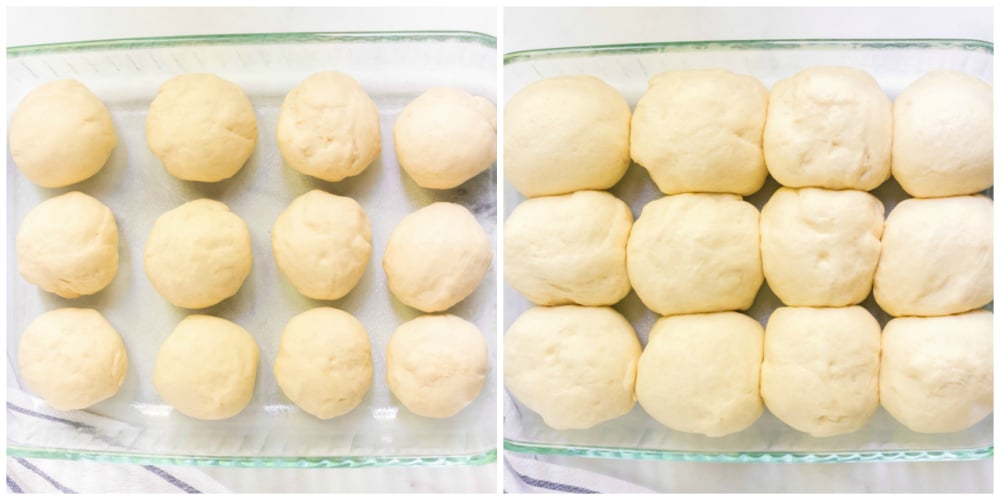 Homemade Dinner Rolls - Dough balls setting and rising in a glass baking sheet