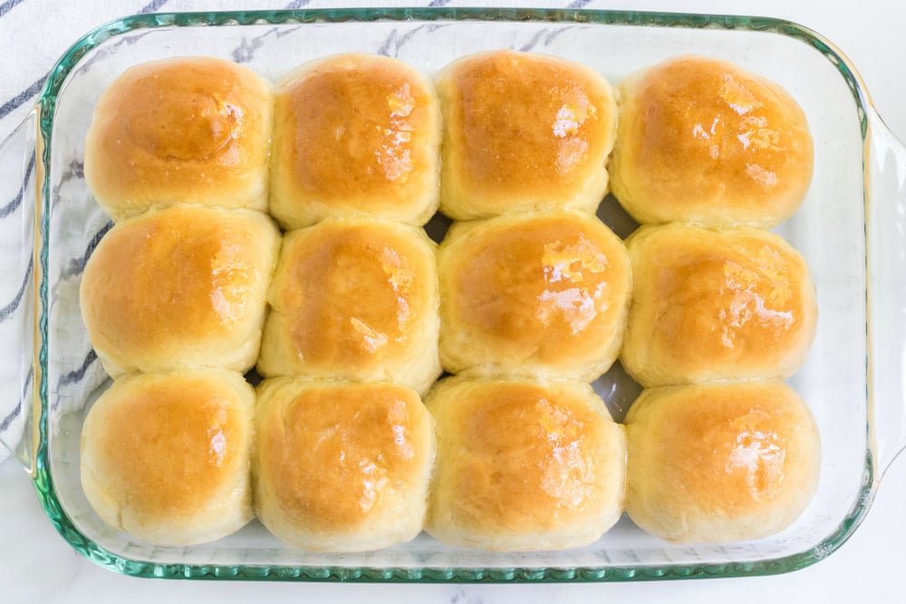 Homemade Dinner Rolls - cooked rolls in glass baking pan