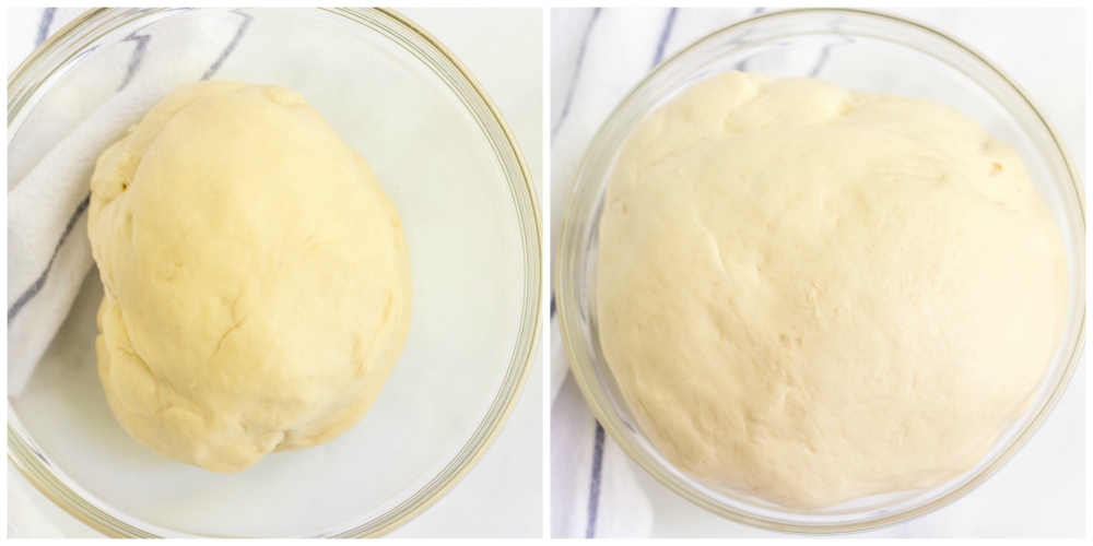 Homemade Dinner Rolls - dough rising in glass bowl