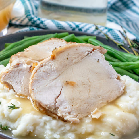 Instant Pot Turkey Breast Recipe - served with green beans and gravy