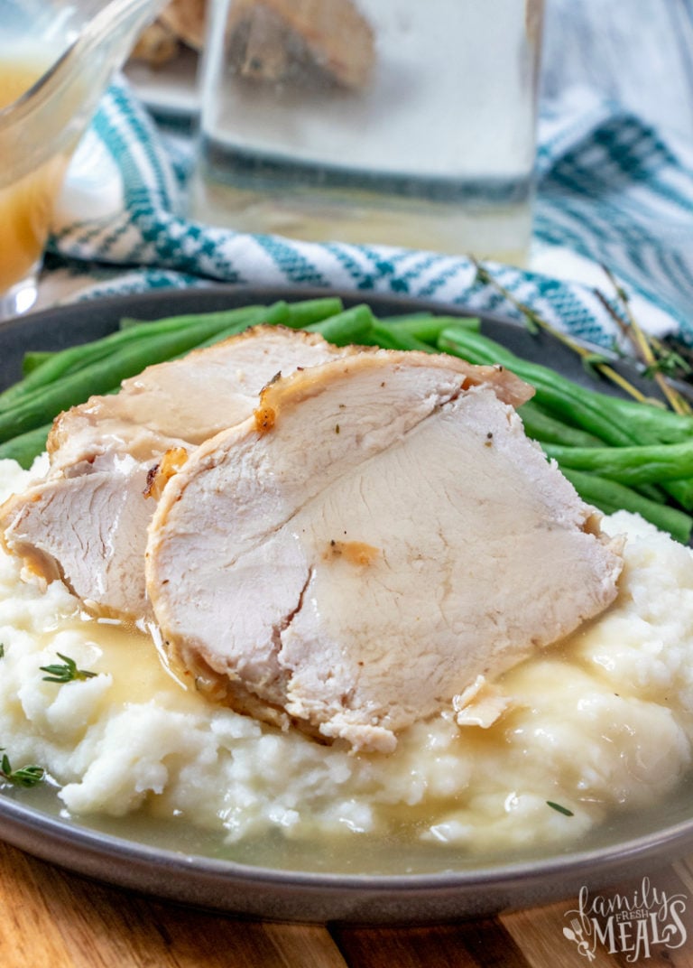 Instant Pot Turkey Breast Recipe - served with green beans and gravy