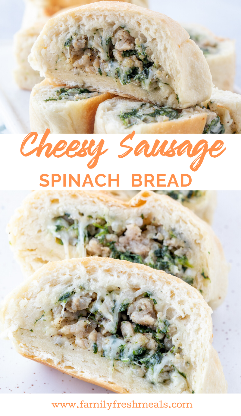 Cheesy Sausage Spinach Bread recipe From Family Fresh Meals #appetizer #bread #cheesy #sausage #spinach  via @familyfresh