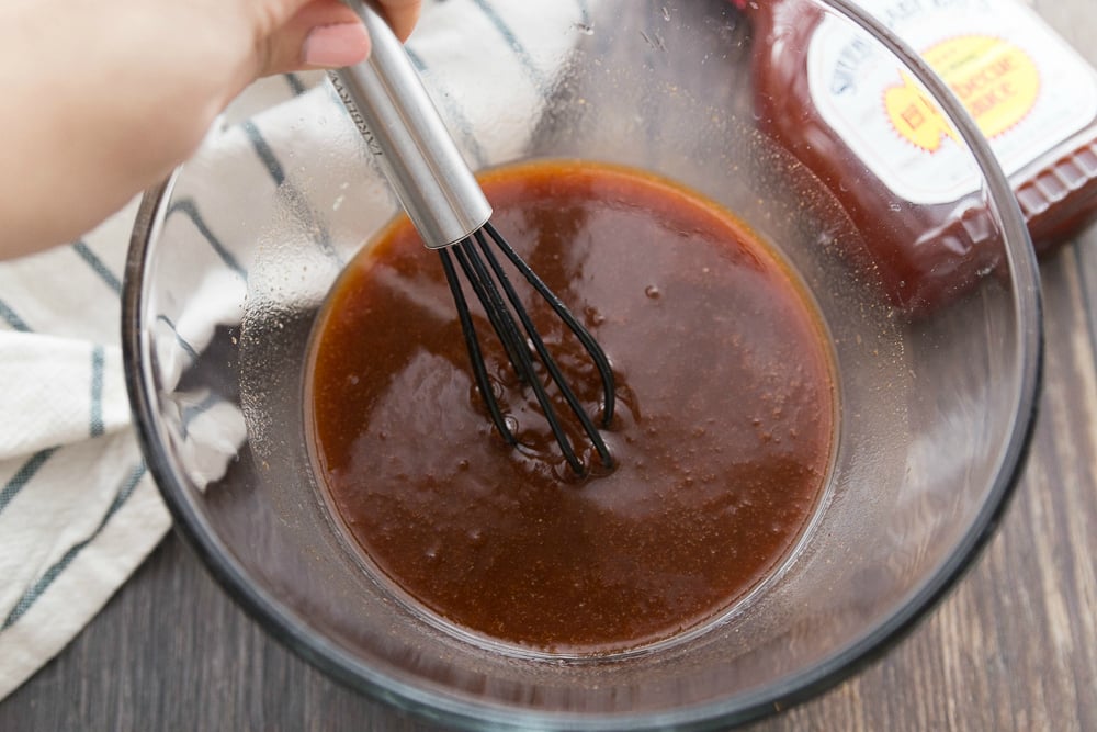 Dr. Pepper Crockpot Meatballs - mixing sauce in mixing bowl