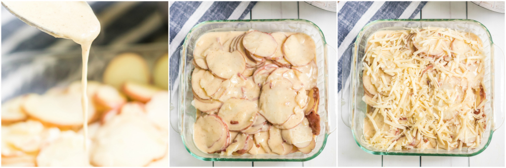 Instant Pot Scalloped Potatoes - Sliced potatoes in baking dish with sauce and cheese