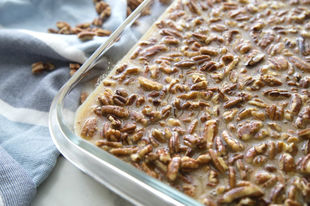 Pecan Pie Bars - pecan mixture poured into pan