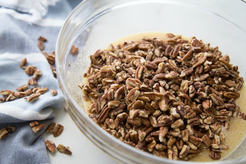 Pecan Pie Bars - pecans mixed in with sweetened ingredients