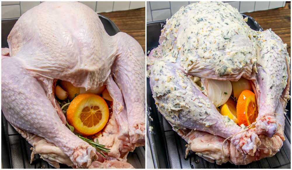 Turkey stuffed with oranges, onions, garlic and herbs and rubbed with butter mixture