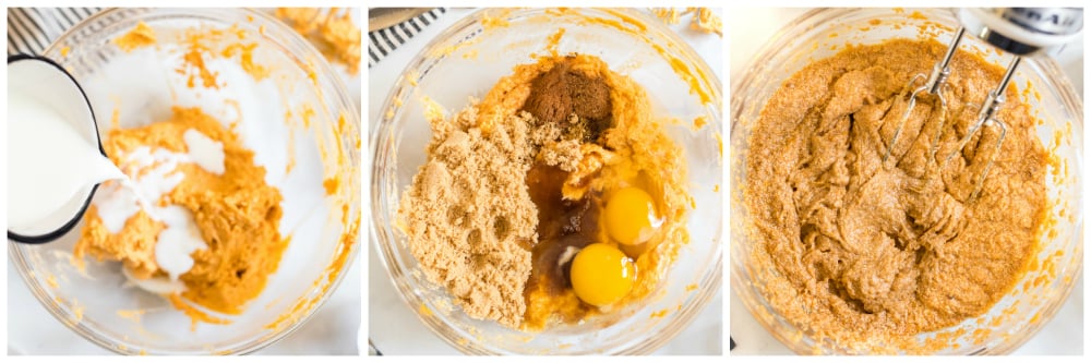 Sweet Potato Pie - mixing ingredients in glass mixing bowl