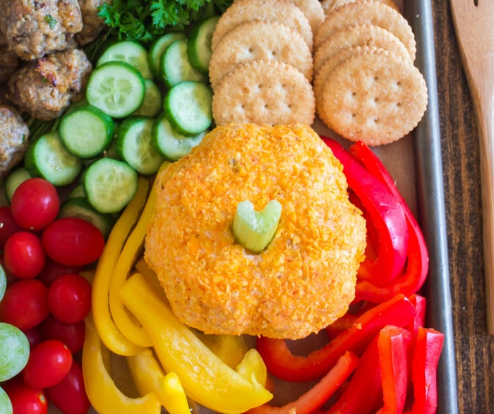 Thanksgiving Appetizer Snack Board - mini pumpkin cheese ball on meat and cheese board