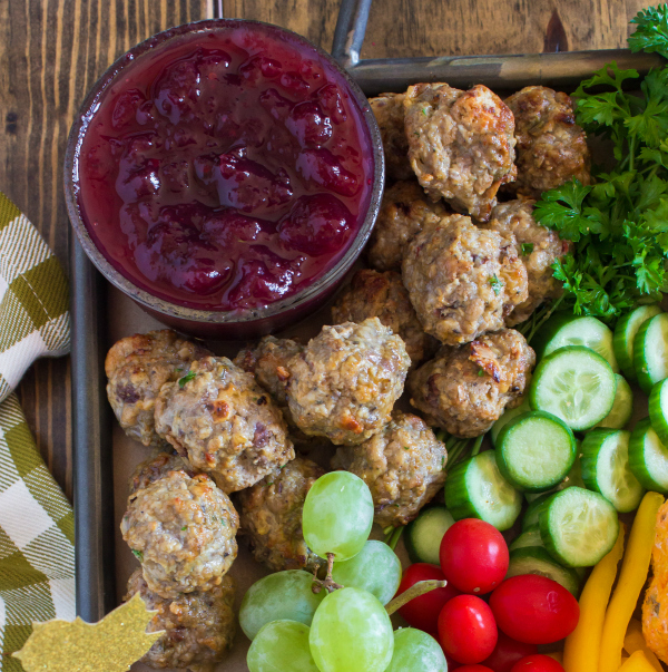 Thanksgiving Appetizer Snack Board - sausage bites on snack board