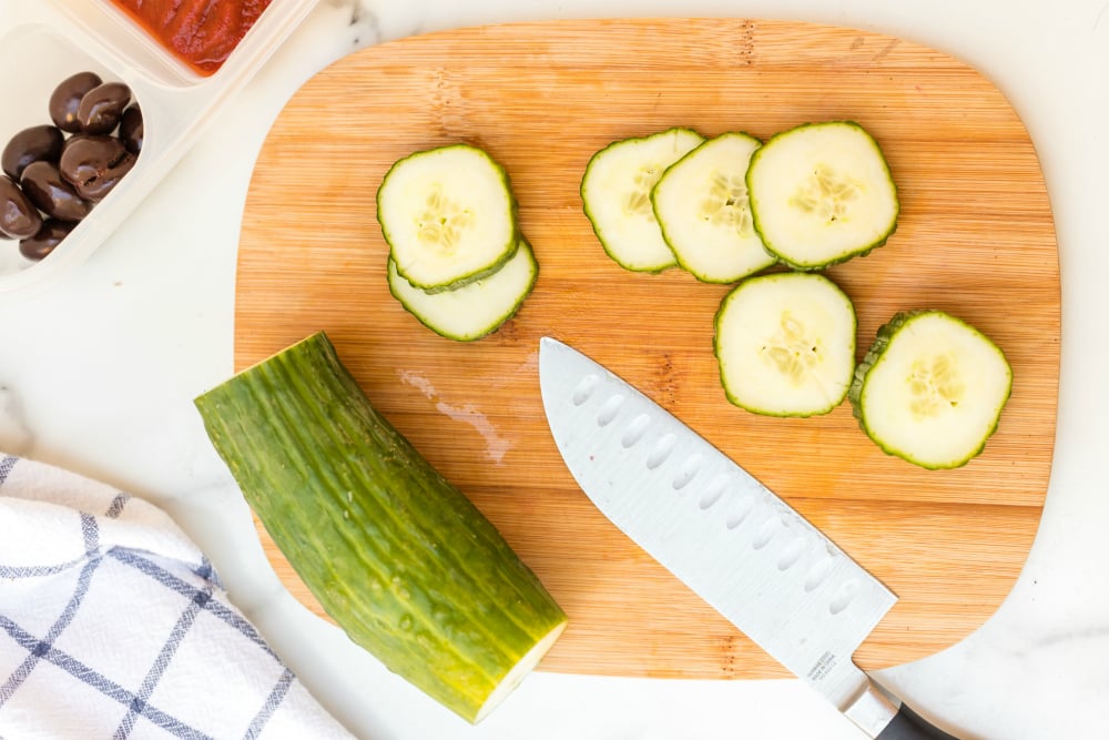 Tortellini Easy Lunchbox Idea - sliced cucumber on cutting board
