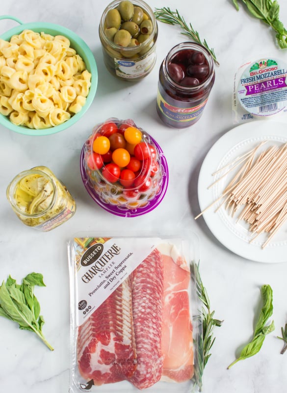 Antipasto Wreath Holiday Appetizer- ingredients on counter