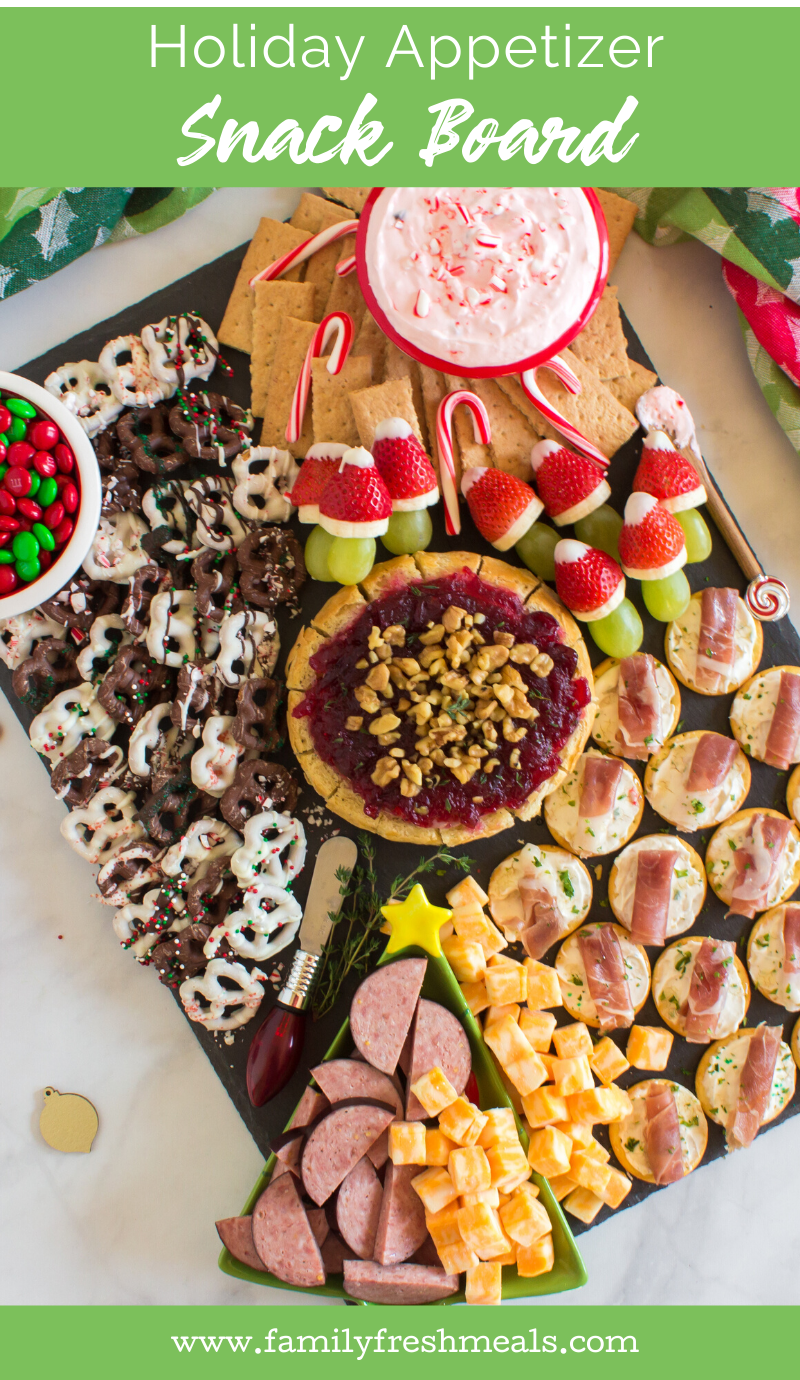Holiday Appetizer Snack Board from Family Fresh Meals #appetizers #holiday #christmas #funfood #cheeseboard #meatabdcheese  via @familyfresh